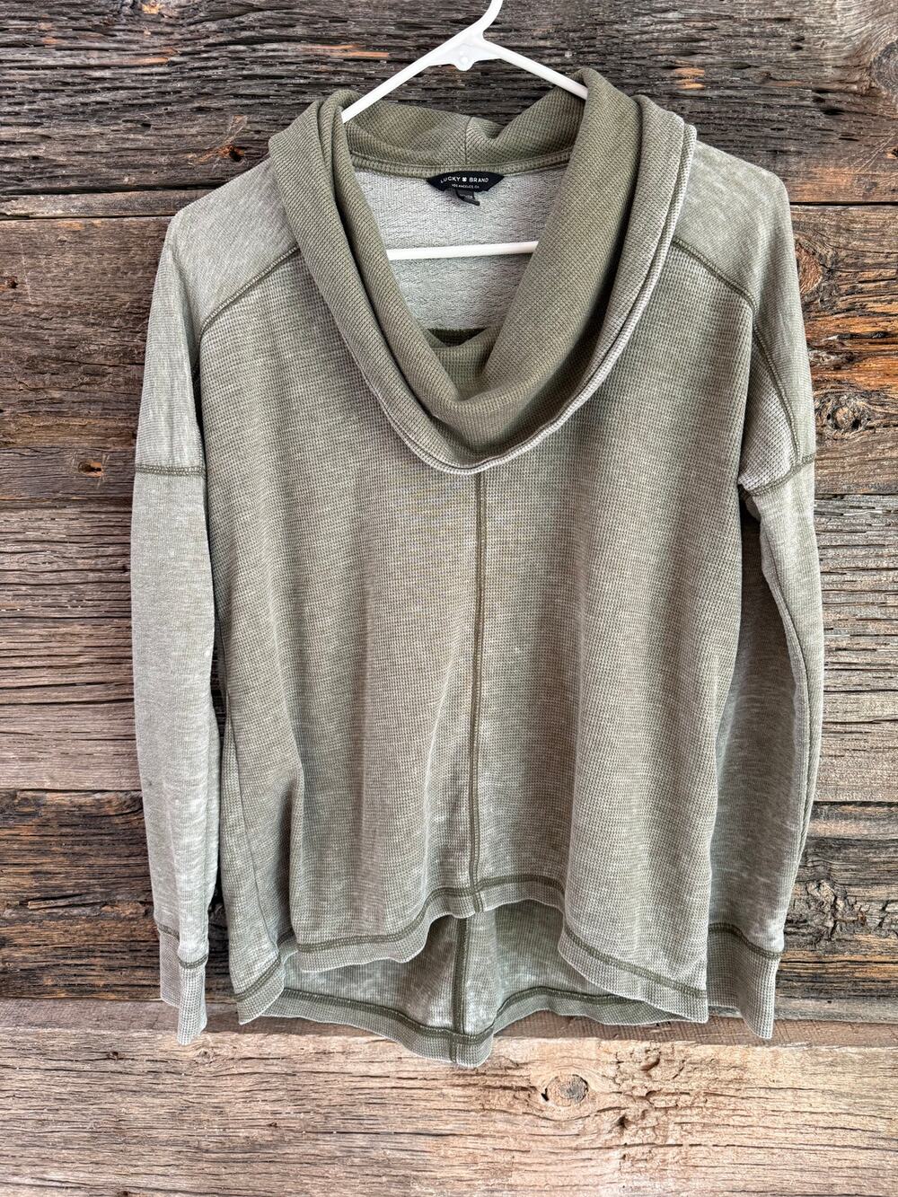 Lucky Brand Womens Muted Green/gray Cowl Neck Waffle Pullover High Low